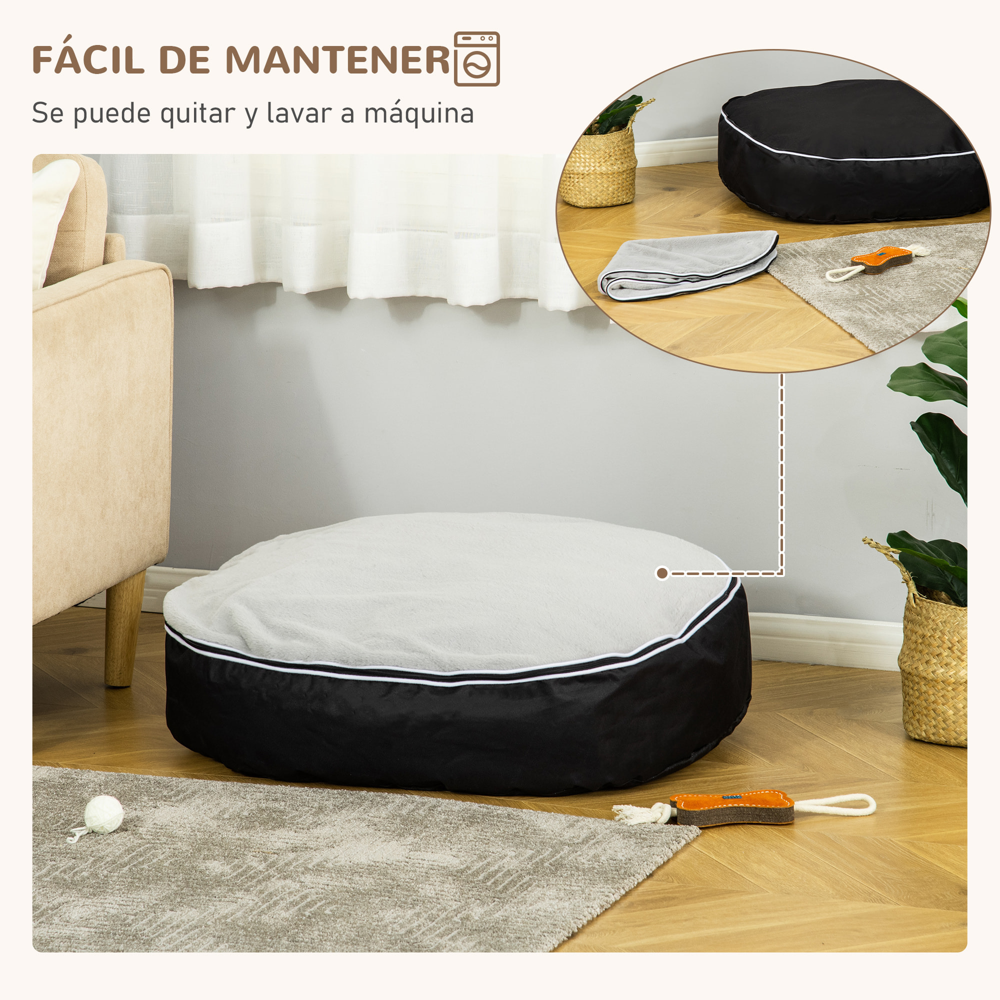 Cama para Perros Lavable con Funda Desenfundable Tela Oxford y Felpa 80x72x18 cm