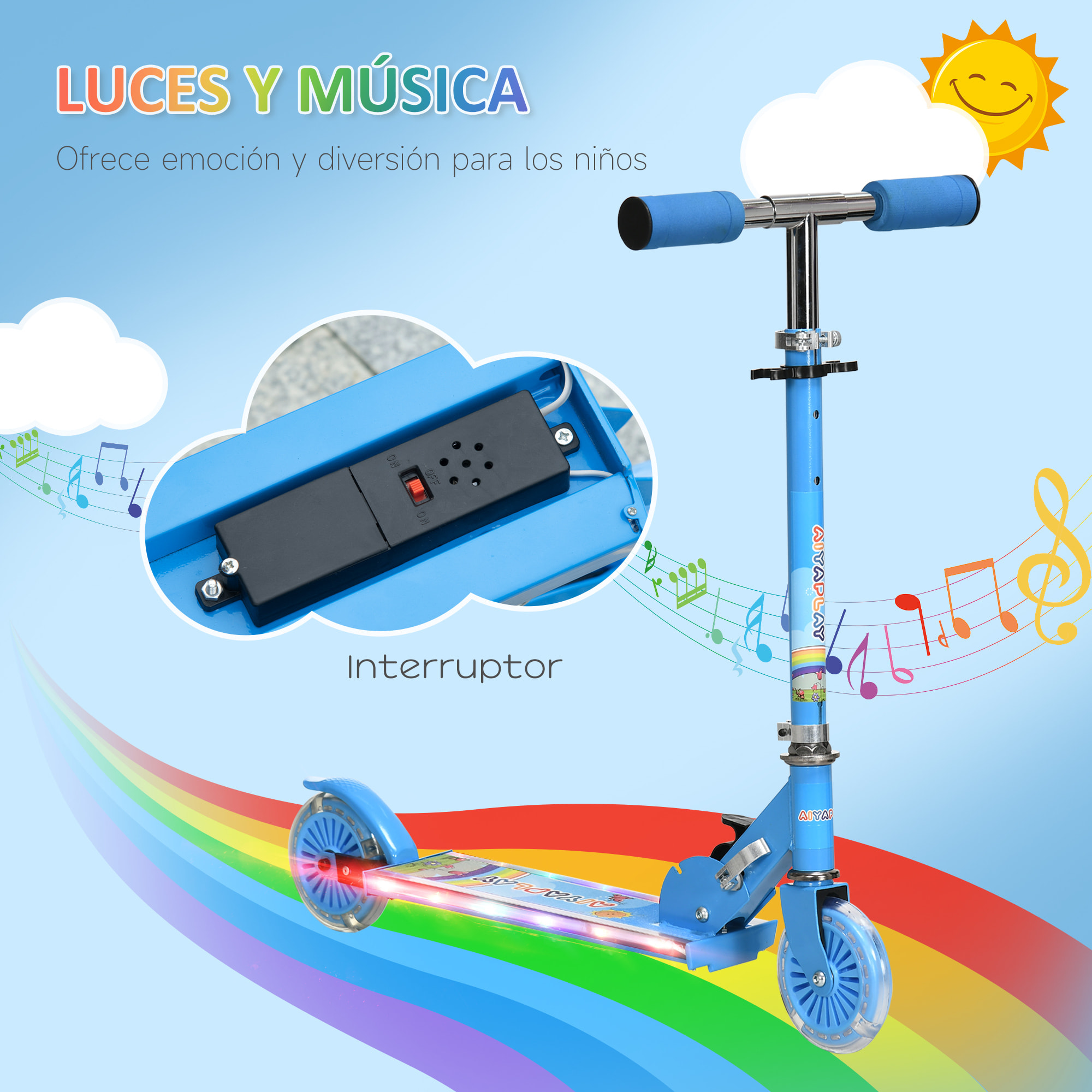 Patinete para Niños Plegable Patinete Infantil con Luces Música 4 Altura Ajustable Ruedas Brillantes Pedal LED para 3-7 Años Carga 50 kg 67x32x65-78 cm Azul