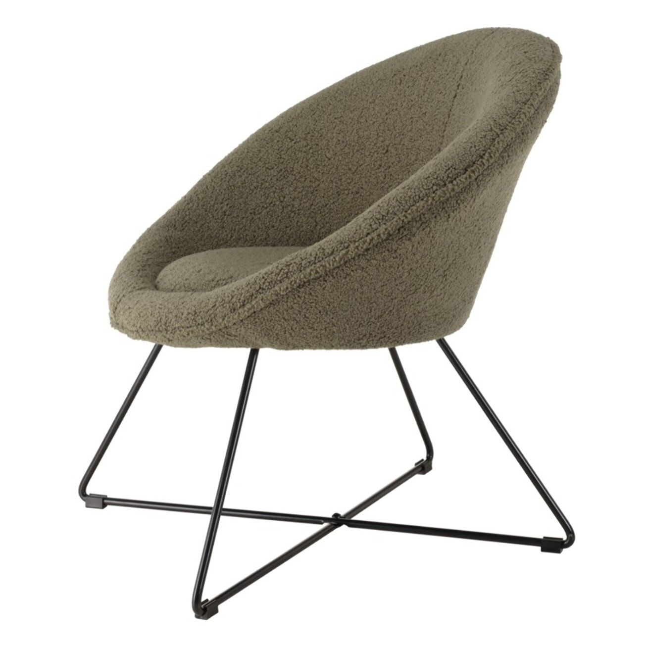 AGATHE - Fauteuil tissu bouclette vert kaki pieds croisés métal noir