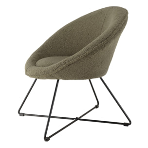 AGATHE - Fauteuil tissu bouclette vert kaki pieds croisés métal noir
