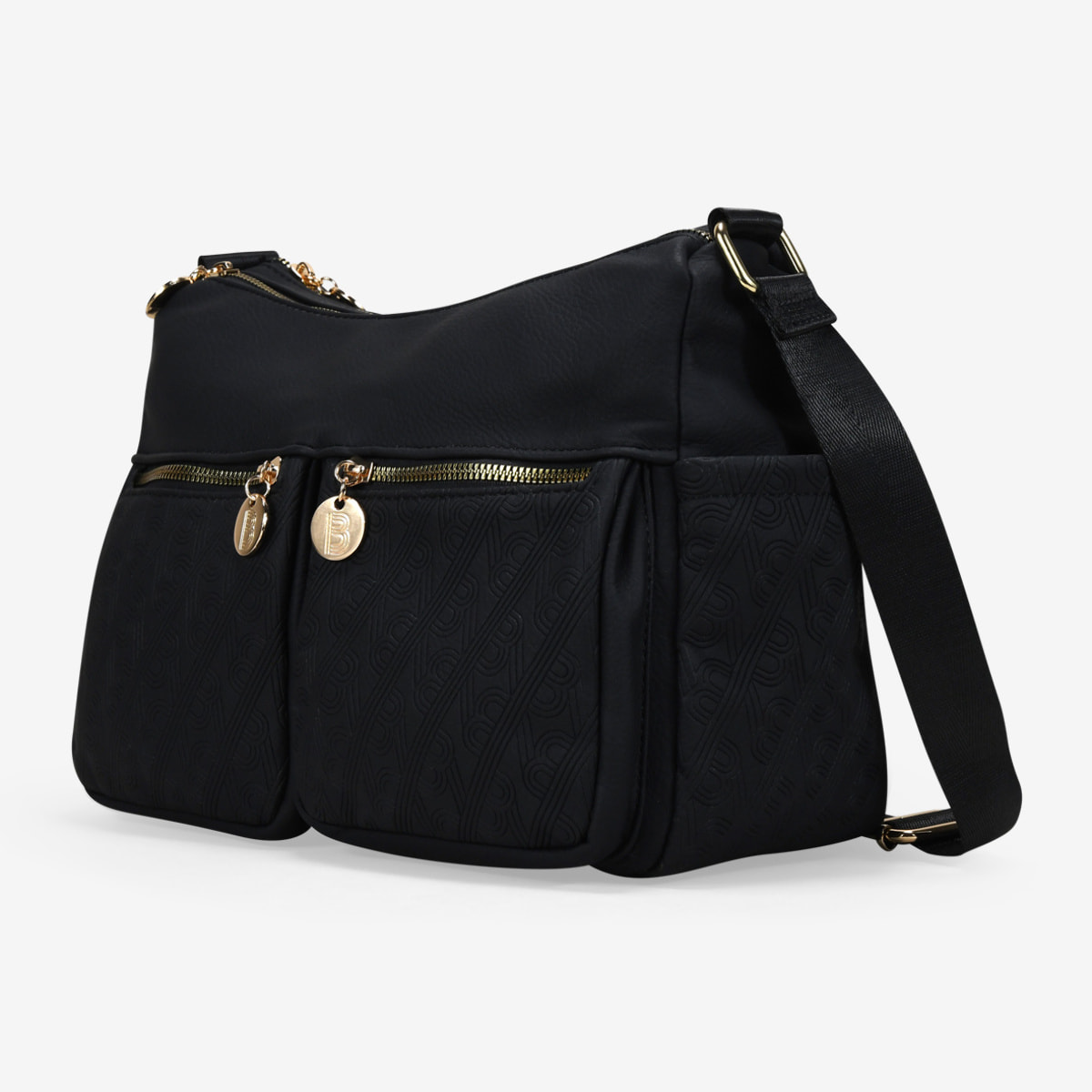 Bolso bandolera negro con bolsillos y doble cremallera