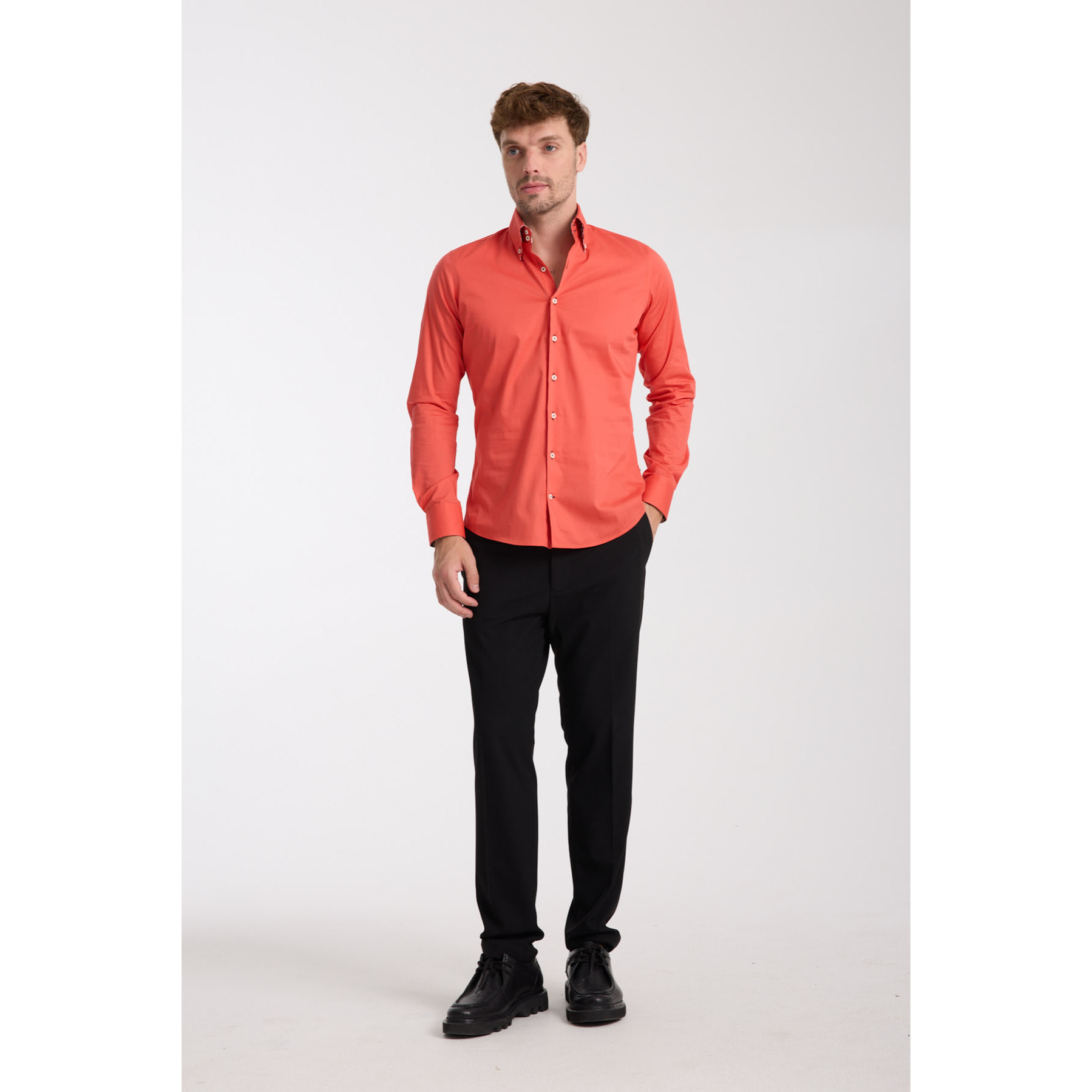 Camicia Uomo 2 Bottoni Button Down Slim Popeline Stretch Unito Corallo