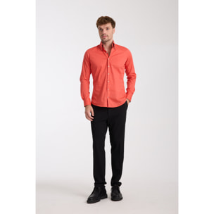 Camicia Uomo 2 Bottoni Button Down Slim Popeline Stretch Unito Corallo