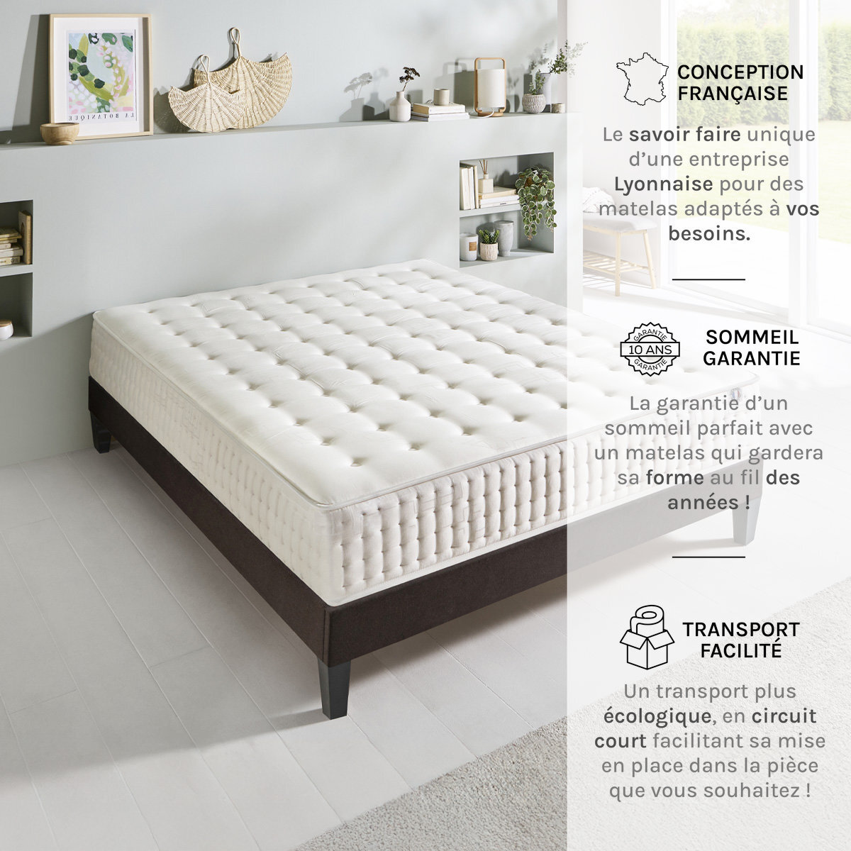 Ensemble Matelas Vendôme & Sommier KIT15, 25 cm, Mémoire de Forme et Mousse Supersoft, Technologie tri-Lattes, Soutien ferme