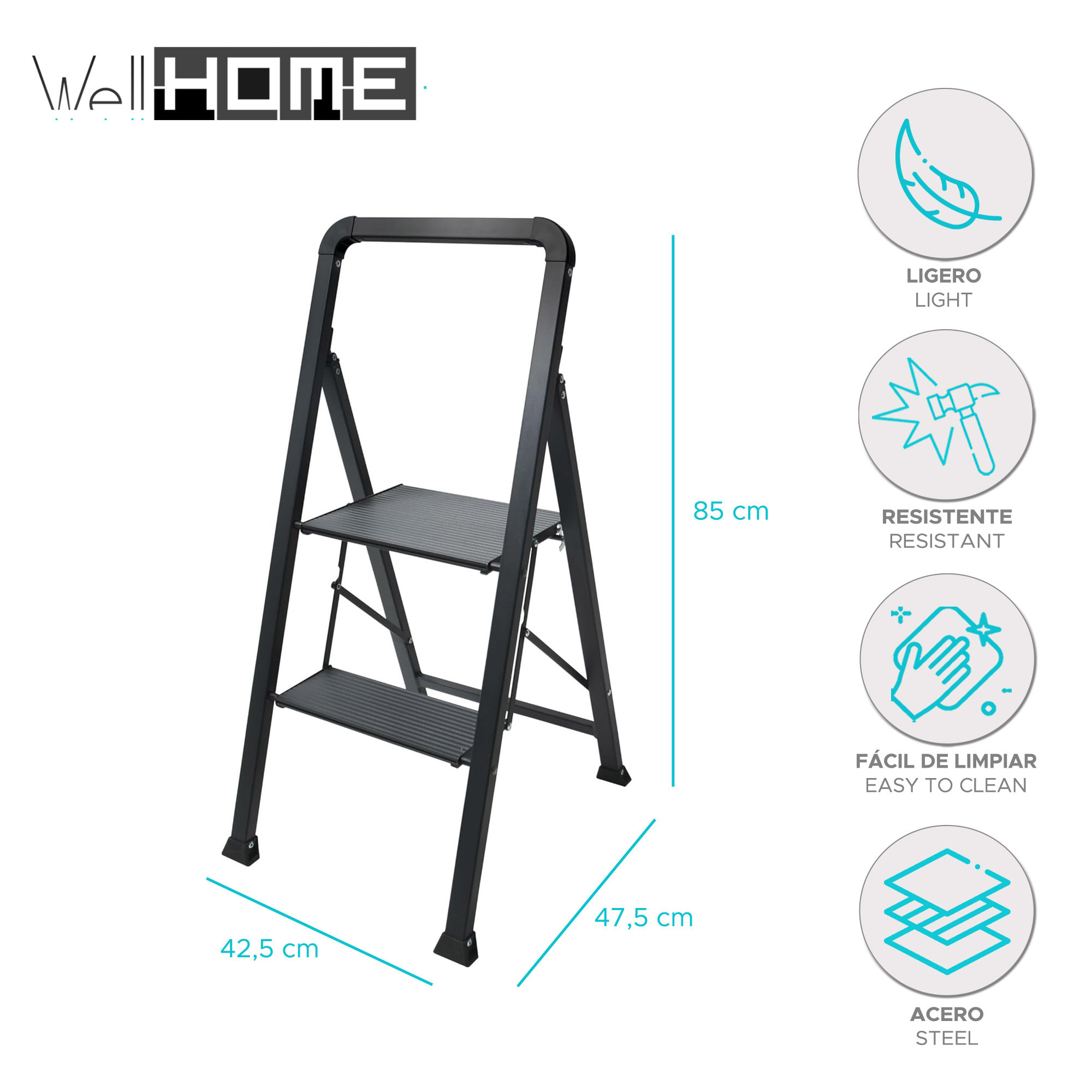 Escalera plegable con 2 escalones en Acero de color negro - Ligera y segura de 47,5x42,5x85cm