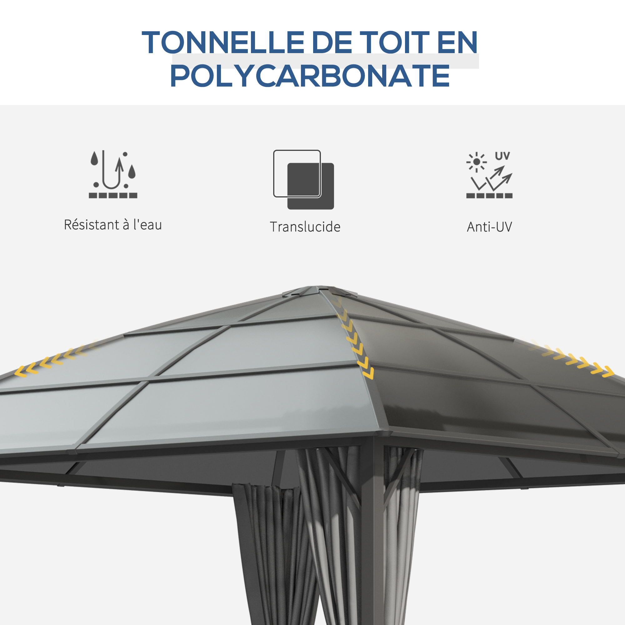 Pavillon de jardin barnum rigide dim. 3,05L x 3,05l x 2,7H m 4 rideaux zippés alu. acier polycarbonate noir polyester gris