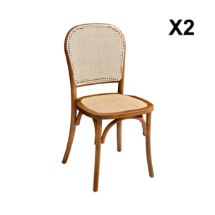 Lot de deux chaises naturelles vintage en bois effet noyer avec assise et dossier en rotin