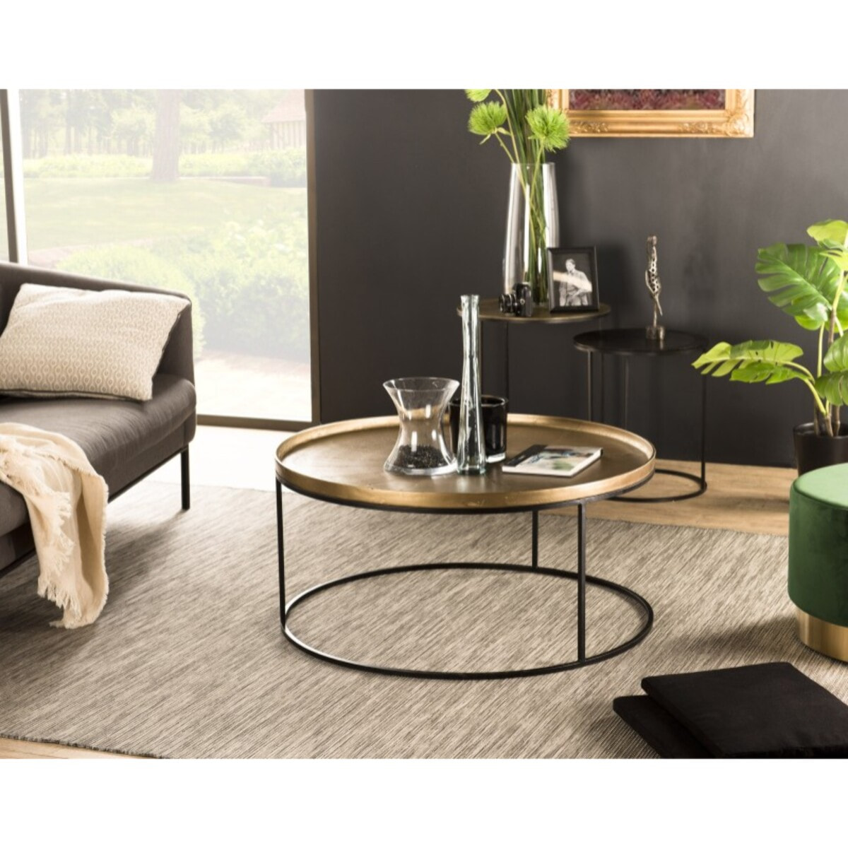 JOHAN - Table basse ronde 88x88cm aluminium doré pieds ronds métal noir