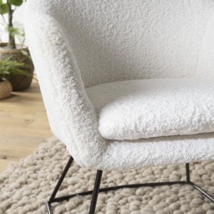 AGATHE - Fauteuil urban tissu bouclette blanc pieds évasés métal noir