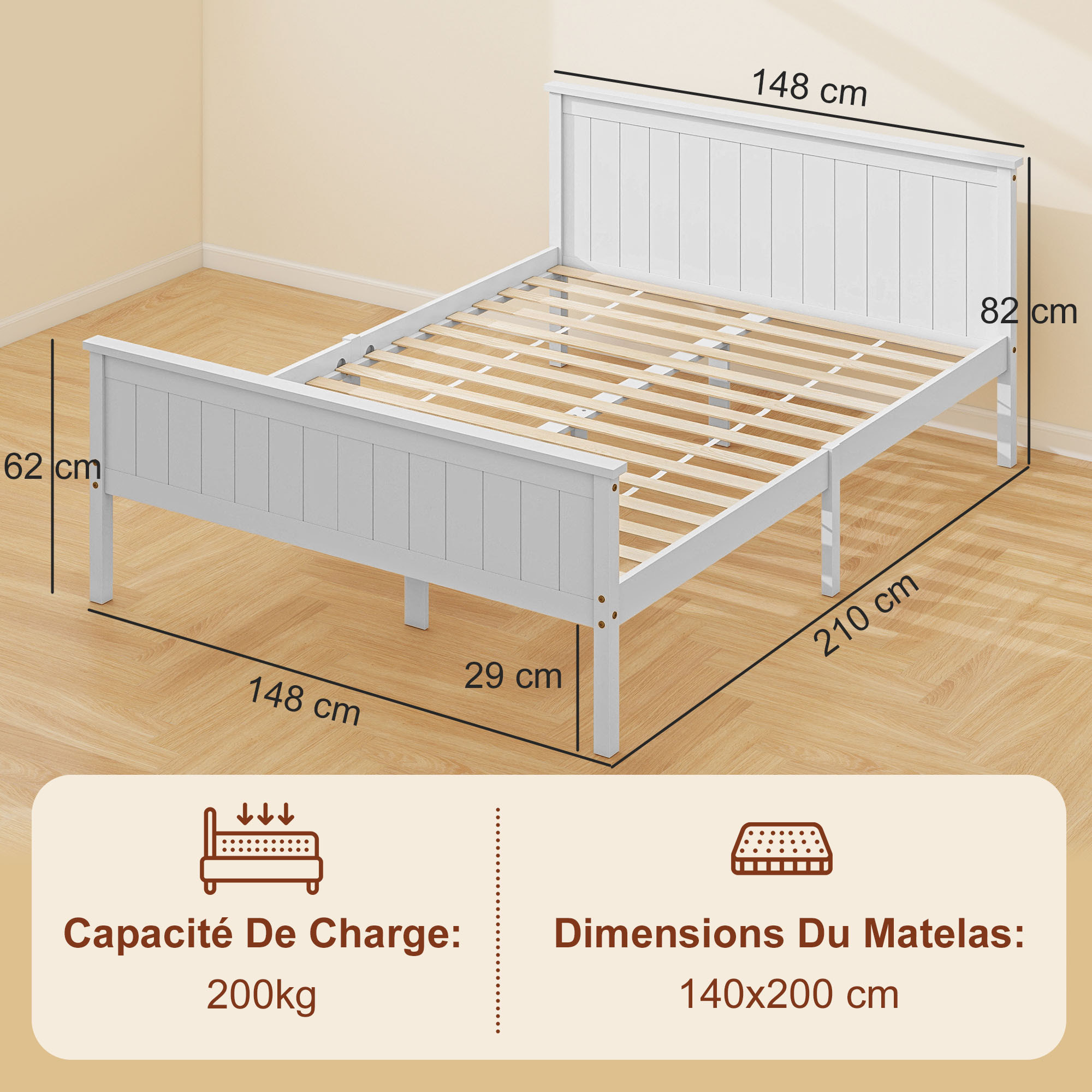 Lit double bois de pin blanc rainuré - tête de lit, pied de lit et sommier - 210L x 148l x 82H cm - compatible matelas 200L x 140l cm