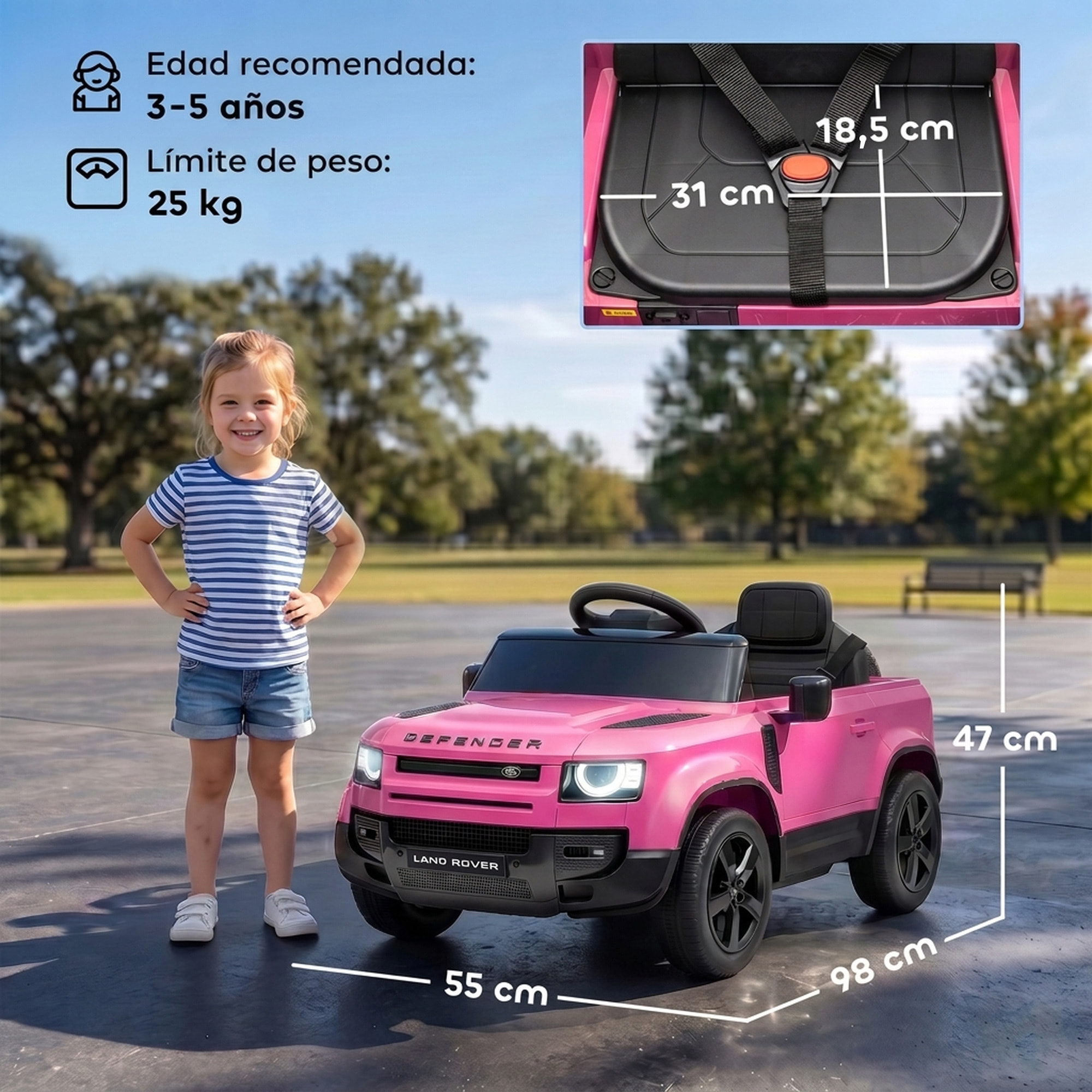 AIYAPLAY Coche Eléctrico SUV para Niños Land Rover Defender Coche de Batería 12 V Mando a Distancia 2,4G Suspensión Arranque Suave 2,7-4,5 km/h Rueda Auxiliar Luces LED Música Claxon 3-5 Años Rosa