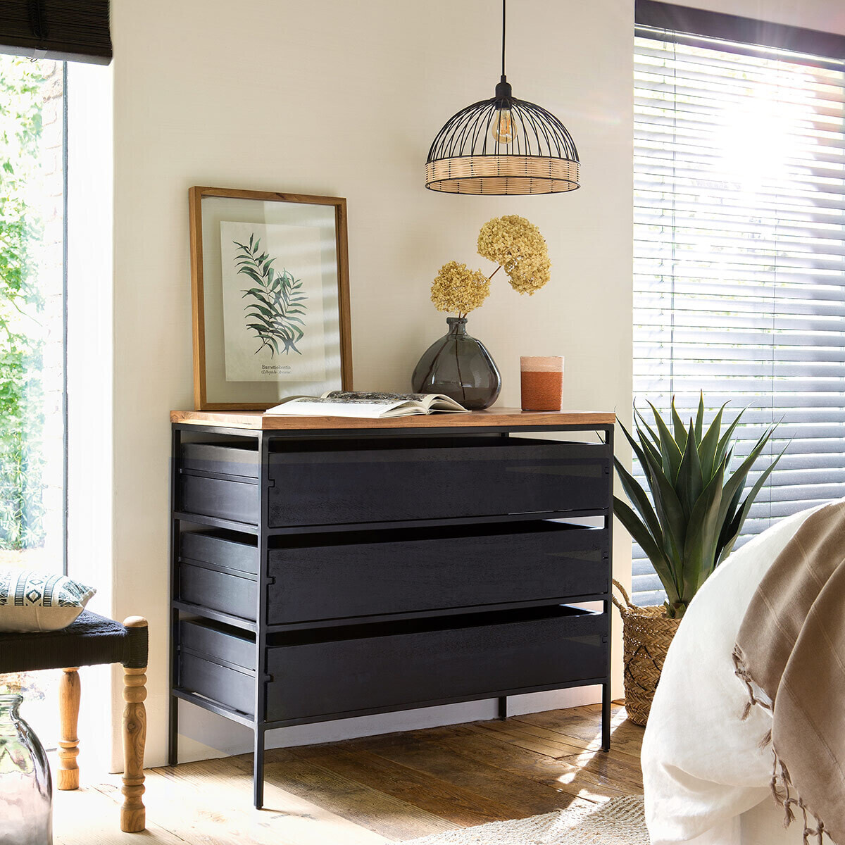 Suspension filaire "Suwa" - métal & rotin D35 cm