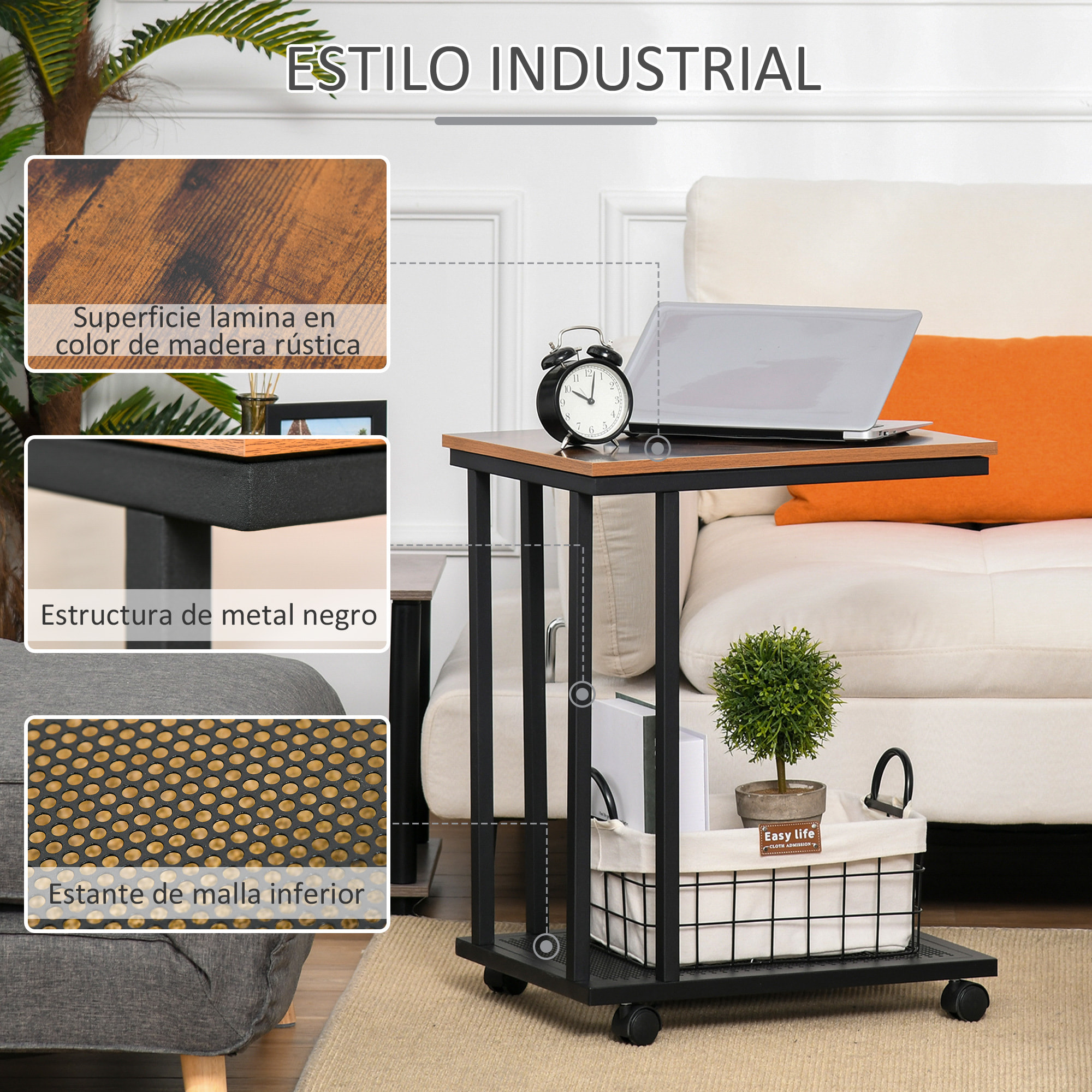 Mesa Lateral con Ruedas Industrial 51x36x61cm Negro y Madera