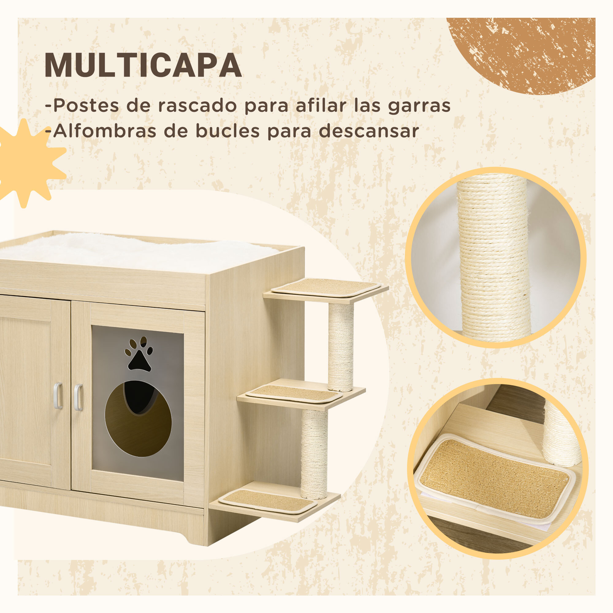 Arenero para Gatos de Madera con 2 Puertas Cama Cojín Suave 107x54x70 cm