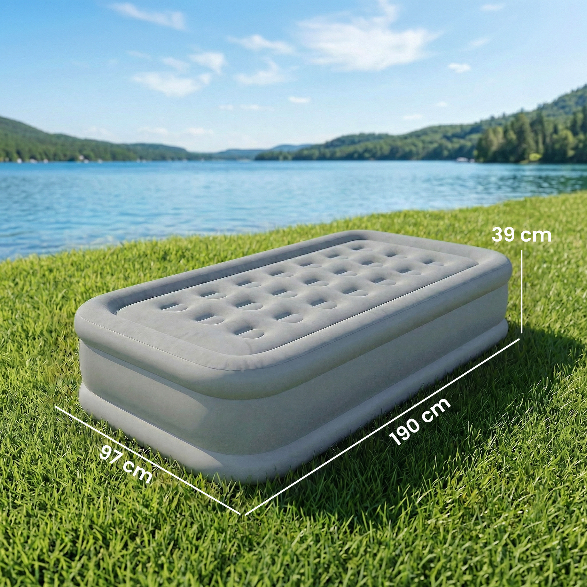 Colchón Hinchable Individual 190x97x39 cm con Bomba Integrada, Inflado 3 Min Desinflado 2 Min, Colchón Inflable Plegable Impermeable, Bolsa Transporte, Superficie Flocado, Carga 200 kg, Gris