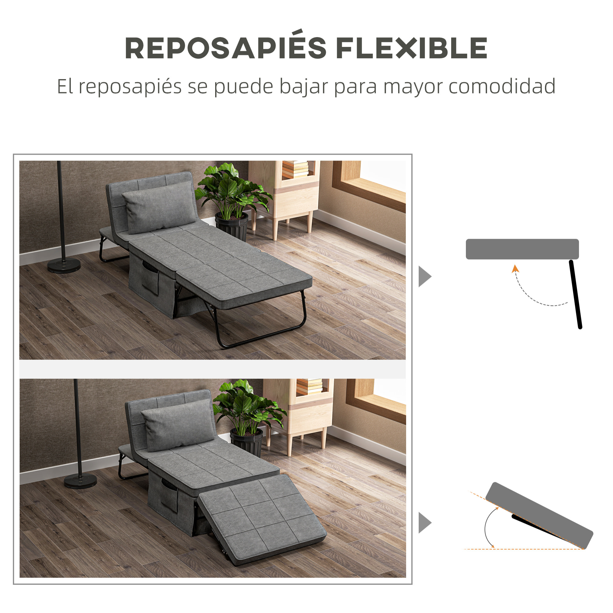 Sofá Cama de 1 Plaza 4 en 1, Sillón Cama Plegable, Tapizado en Lino, con Respaldo Ajustable de 5 Niveles, Almohada Acolchada, para Oficina, Dormitorio, Salón, 75x80x74 cm, Gris