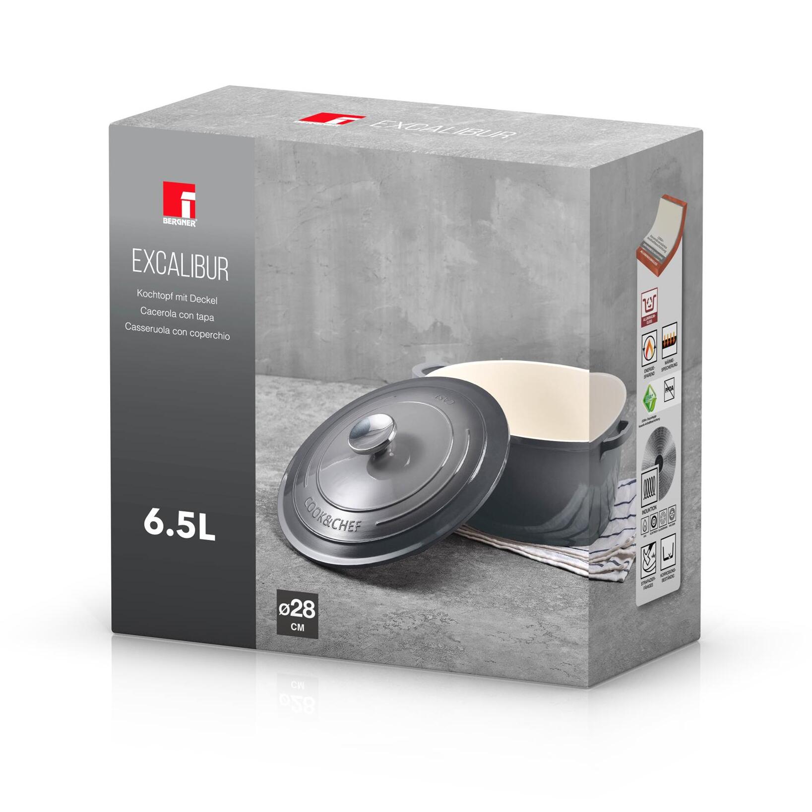 Juego de 3 Cacerolas de Ø20Ø24Ø28cm y 2,4L, 4,4L y 6,5L con tapas en Aluminio fundido en color Gris EXCALIBUR Bergner