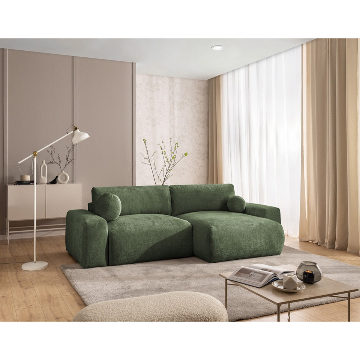 Constance - Canapé d'angle réversible 4 places convertible avec coffre en velours texturé - Vert