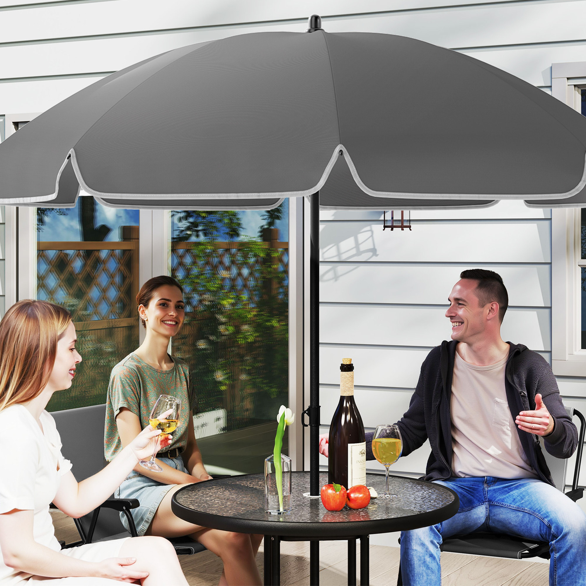 Conjunto de Mesa y Sillas Jardín de 6 Piezas Muebles de Jardín Exterior con 4 Sillas Plegables Mesa de Vidrio y Sombrilla para Terraza Patio Gris