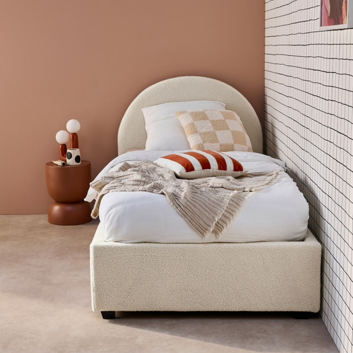 Lit coffre avec sommier à lattes et tête de lit. finition bouclette. blanc. L 206 x P 104 x H 102cm