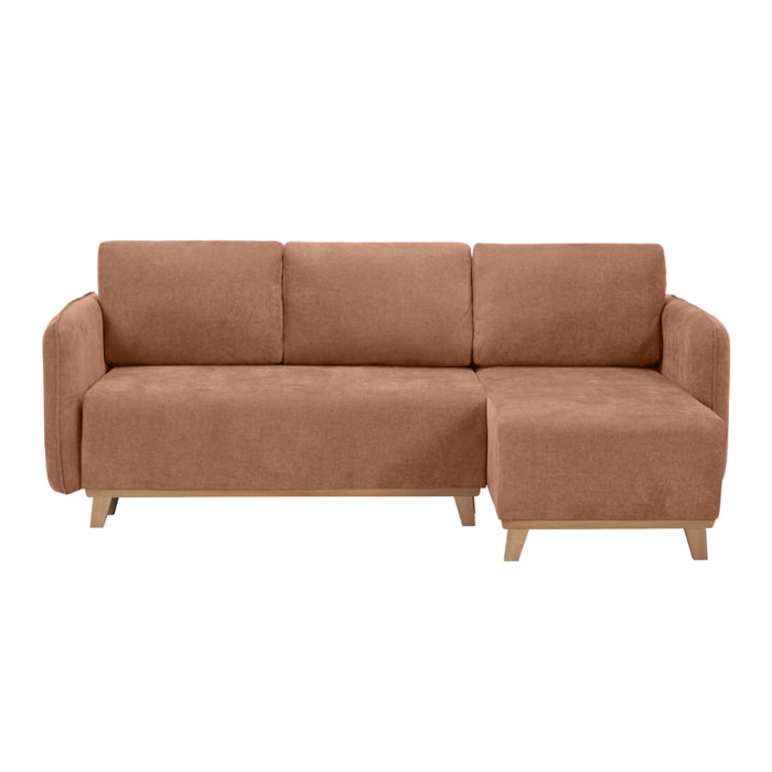 Canapé d'angle convertible et réversible 3-4 places en tissu effet velours terre brûlée et bois clair ROMANE