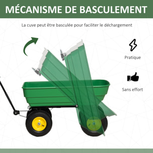 Chariot de jardin à main benne basculante 75° 125L charge max. 200 Kg 4 roues pneumatiques acier PP jaune vert