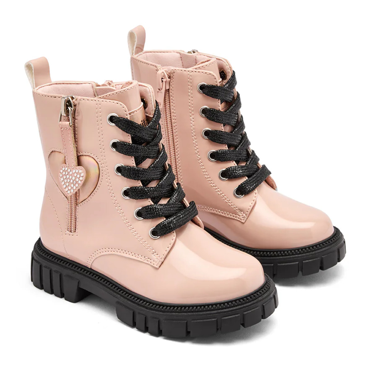 Stivali da bambina in stile militare con cerniera interna e stampa a cuore