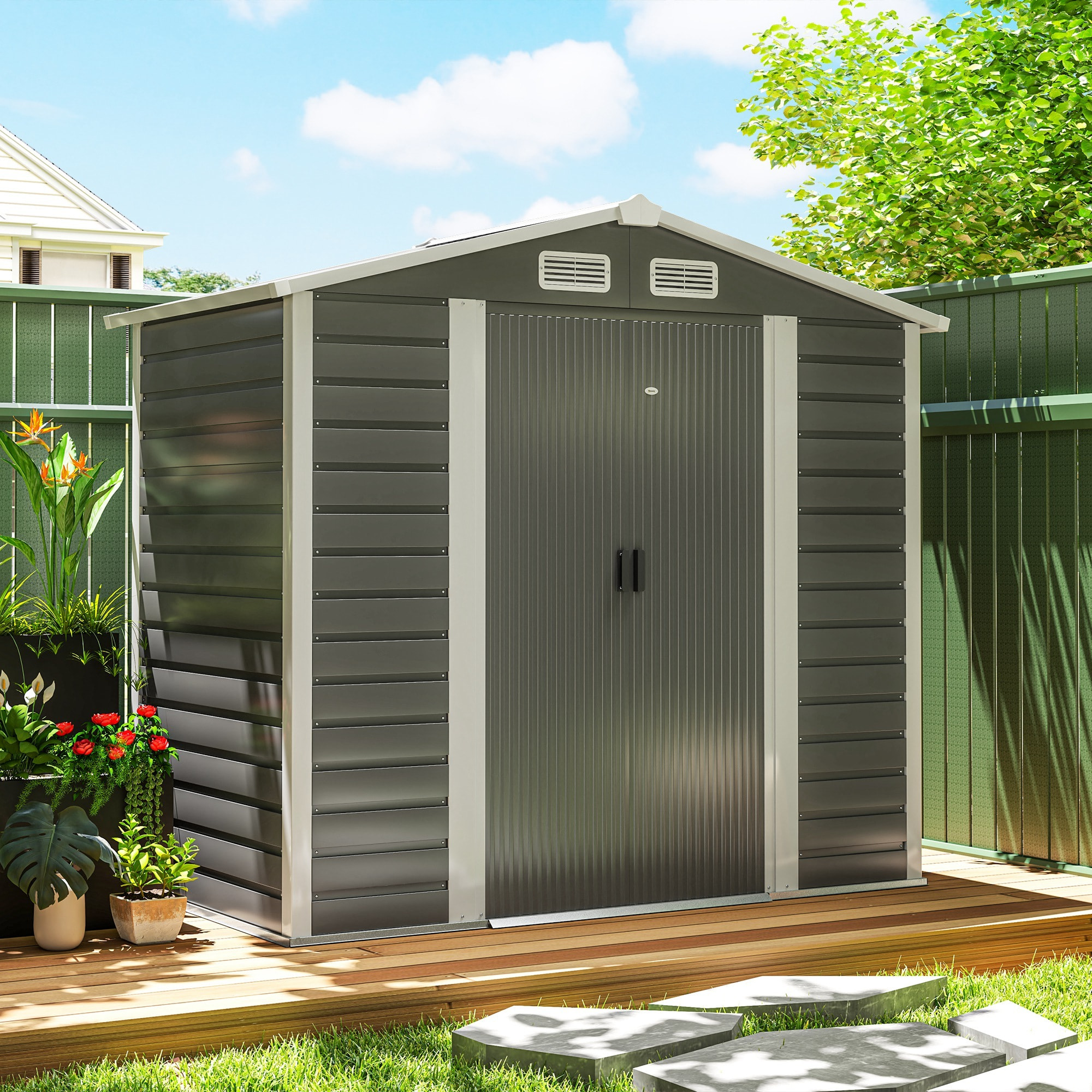 Caseta de Jardín Exterior 2,36m² 213x120x194 cm Cobertizo de Jardín Exterior con Base Refuerzo (Suelo NO Incluido) Puertas Correderas Dobles Candado Ventanas Gris Oscuro