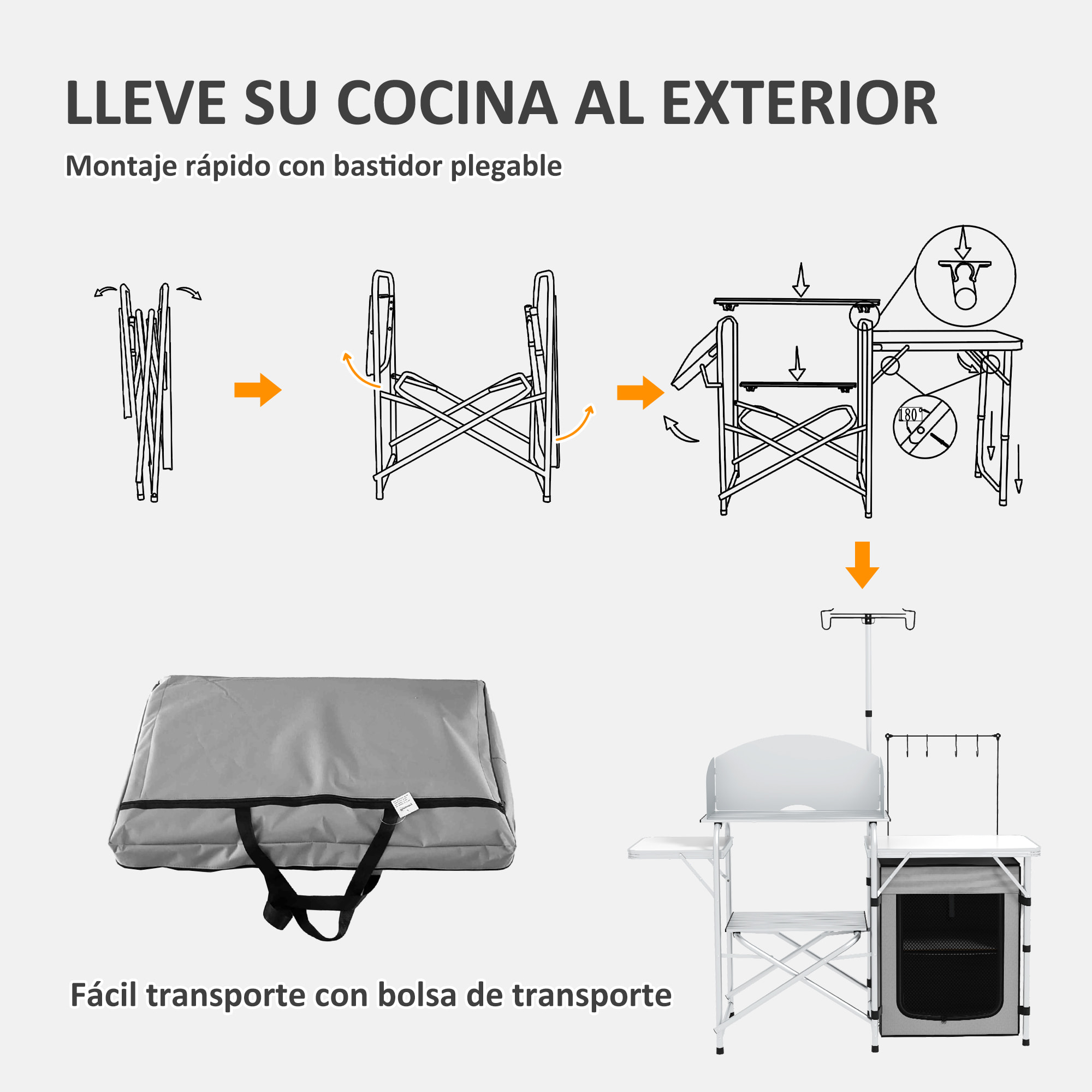Mueble de Cocina para Camping Armario para Camping Plegable con Mesas Estantes Poste de Luz Elevable y Bolsa de Transporte para Acampada Picnic 144x48x119 cm Plata y Gris Claro