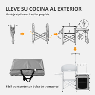 Mueble de Cocina para Camping Armario para Camping Plegable con Mesas Estantes Poste de Luz Elevable y Bolsa de Transporte para Acampada Picnic 144x48x119 cm Plata y Gris Claro