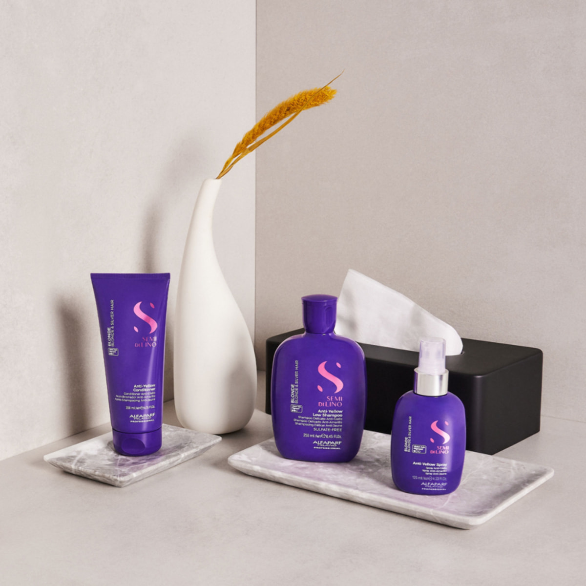 ALFAPARF MILANO Kit Semi Di Lino Anti-Yellow Low Shampoo 250ml + Conditioner 200ml + Low Spray 125ml