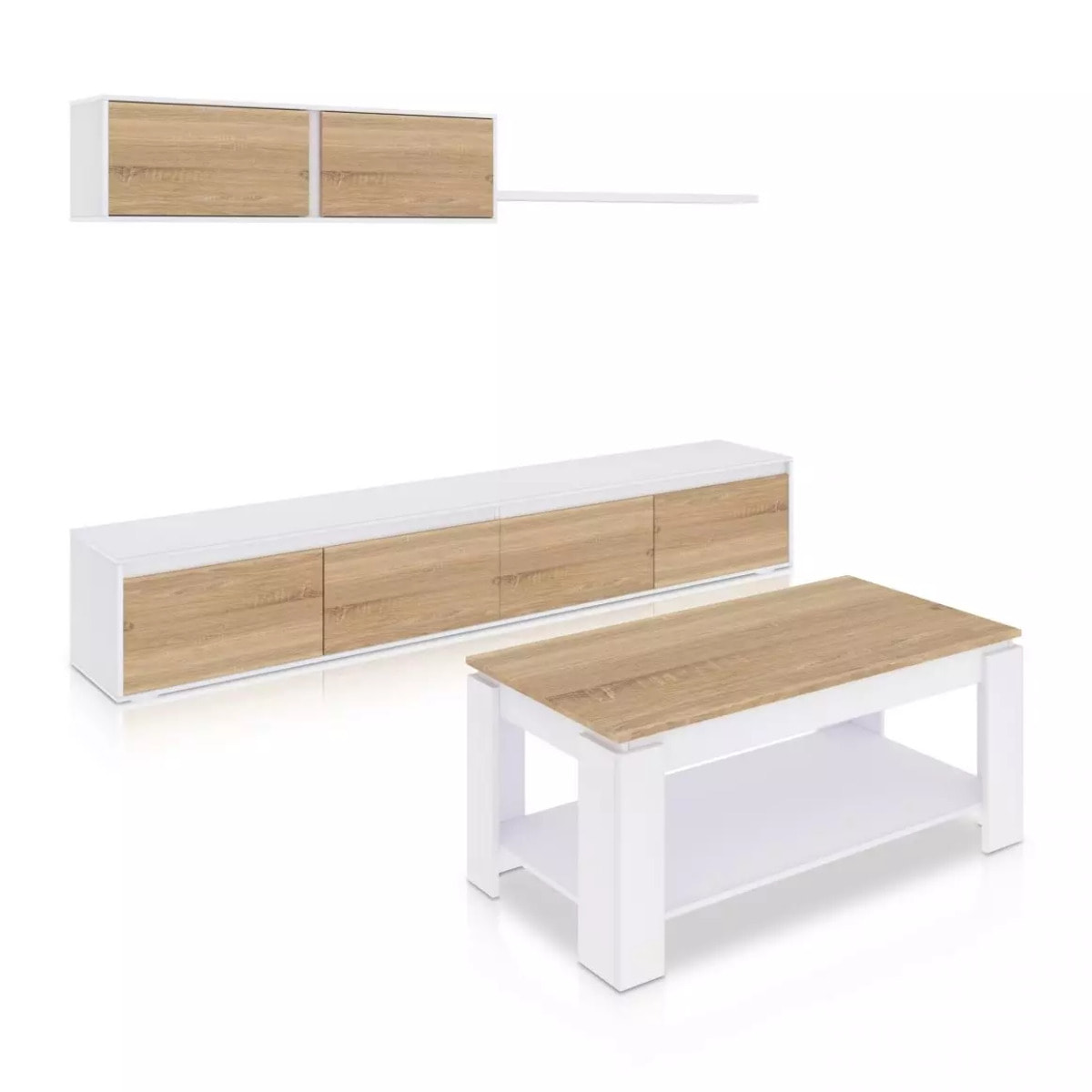 Pack salón con mesa de centro Arlet Plus Blanco Artik (Blanco Mate) - Roble Canadian