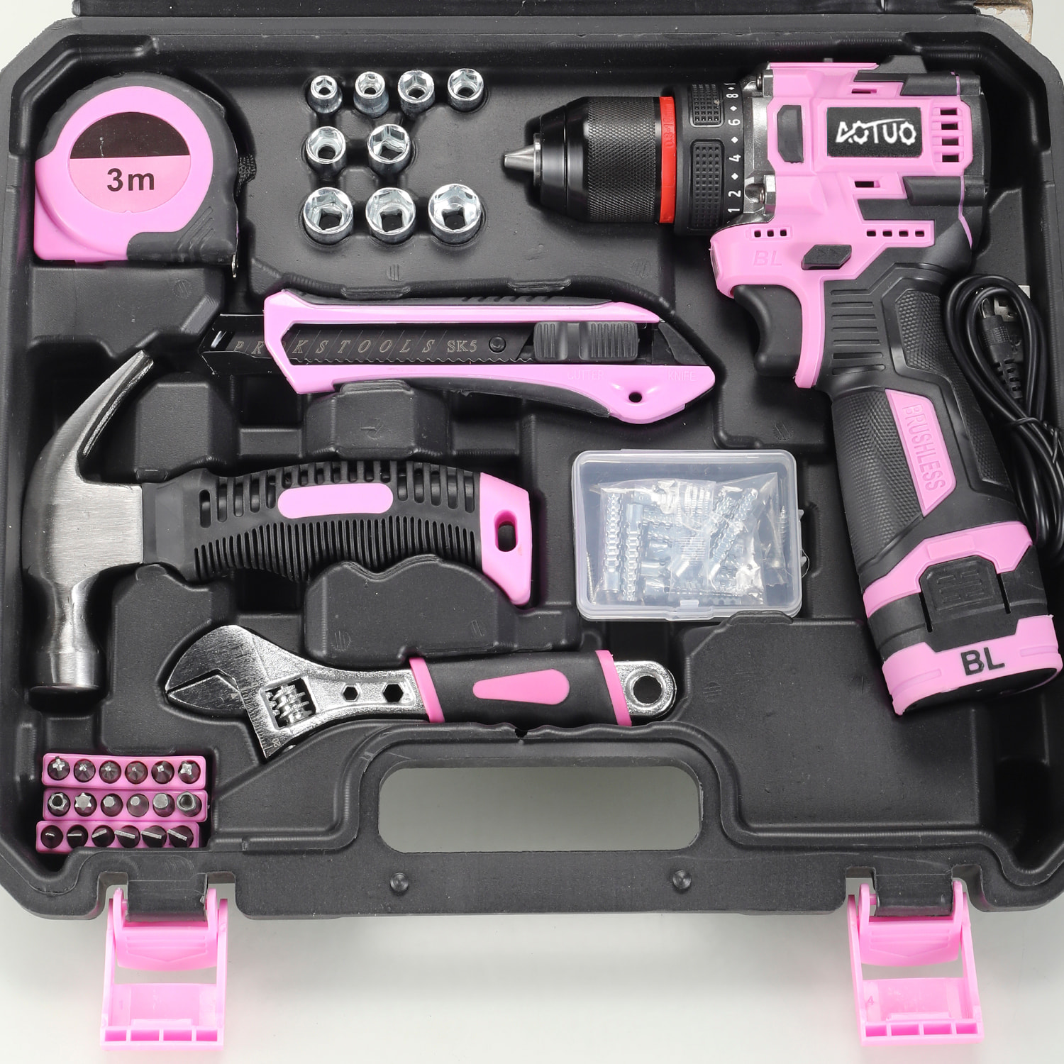 Trapano elettrico wireless da 21V con motore senza spazzole e doppia velocità, valigetta di trasporto con 65 accessori e batteria da 6000 mAh.