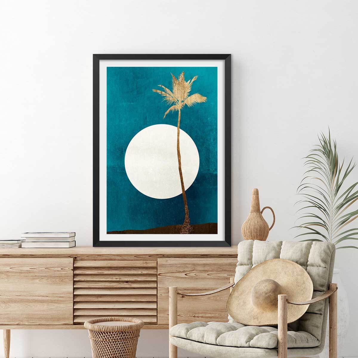 Poster cocotier sur fond bleu Affiche sous cadre noir