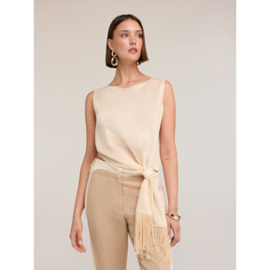 Motivi - Top de voile con nudo y flecos - Beige