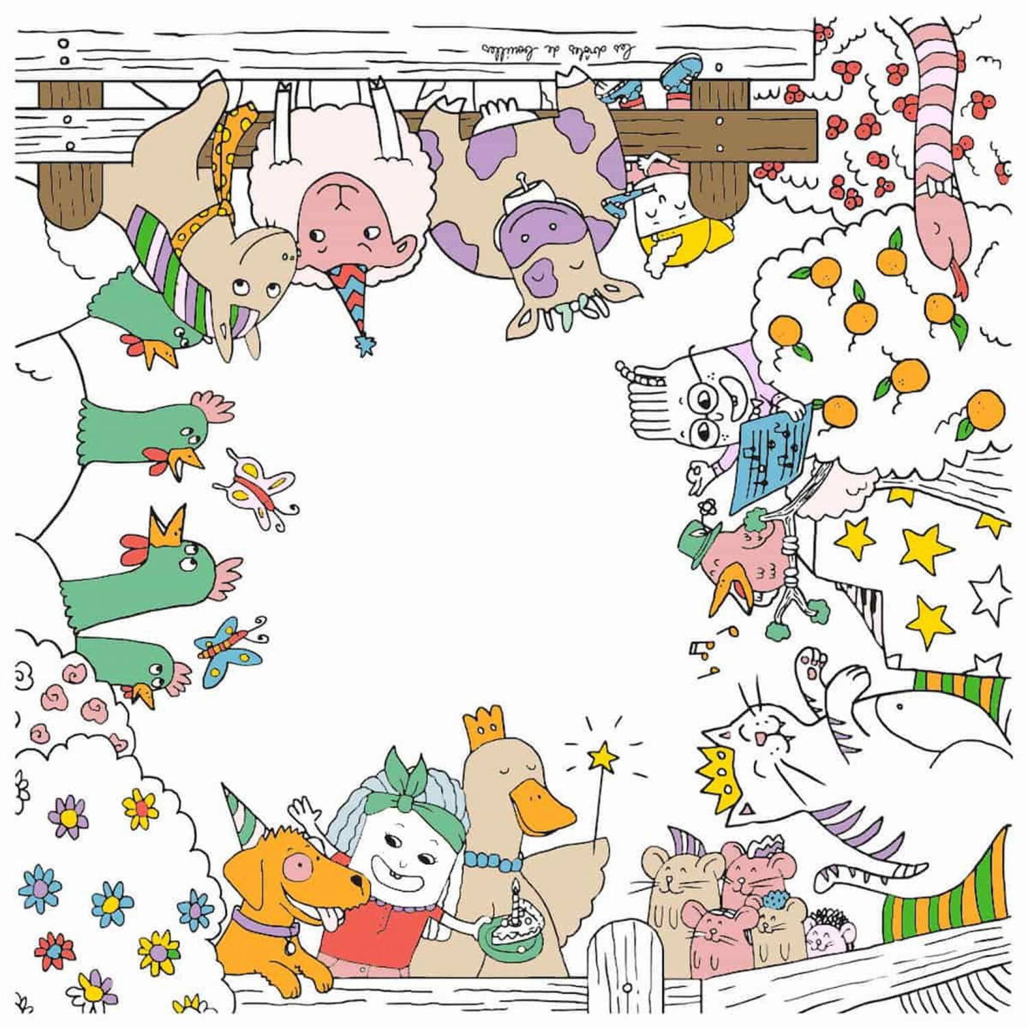 Table enfant à colorier La ferme en folie – Coloritable Les drôles de bouilles. Made in Europe. effaçable. 60x60cm. pieds ronds en bois. feutres fournis