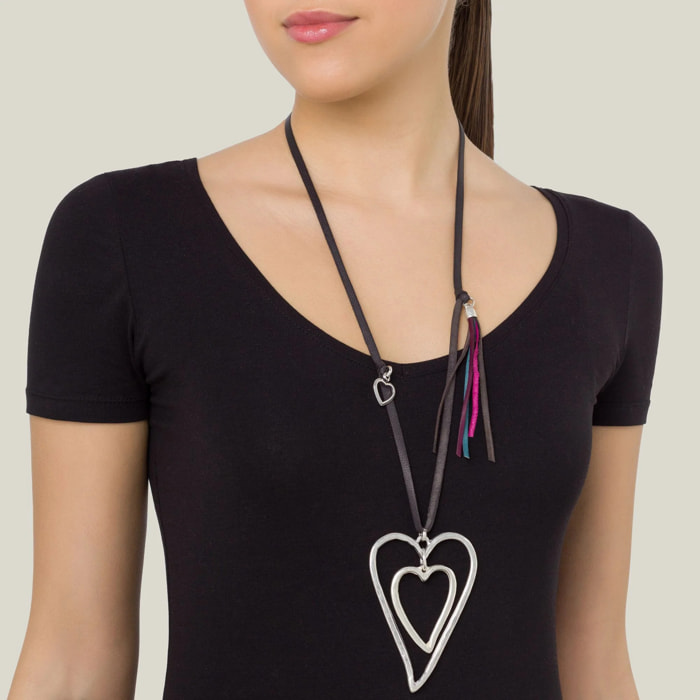 Collar piel negro corazón plata chapado charms flecos