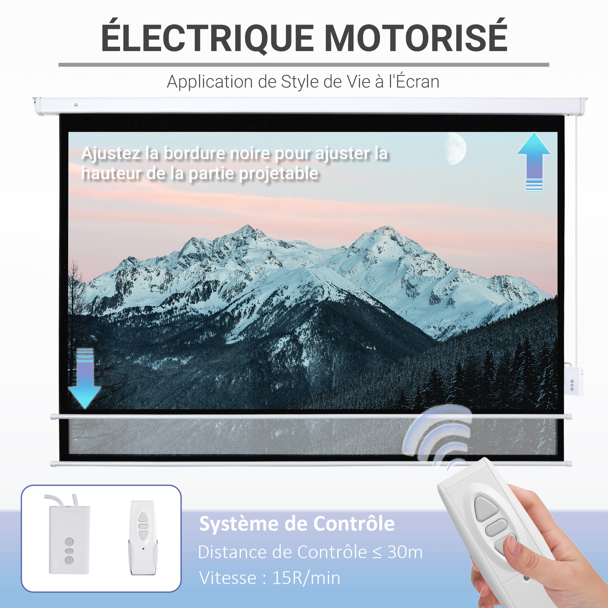 Écran de projection motorisé 100 pouces, 16:9 4K HD - mural avec télécommande - blanc