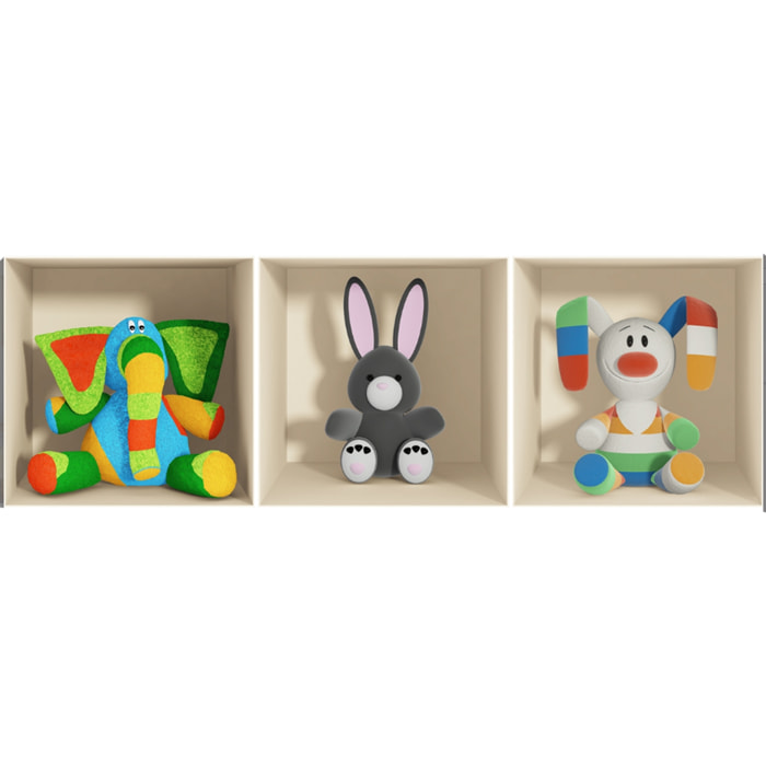 Stickers muraux 3D | Sticker Mural Autocollant effet 3D jouets Ãƒâ€°léphant, lapin gris et lapin en couleurs - Stickers adhésifs 3D Chambre Salon Trompe l'oeil