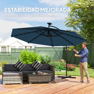 Parasol Excéntrico con Luces LED Solares, Ø345 cm, Sombrilla de Jardín de Aluminio con Base Cruzada, Manivela, Funda Protectora, Cuerdas de Viento, UPF50+, para Terraza, Patio, Azul Marino