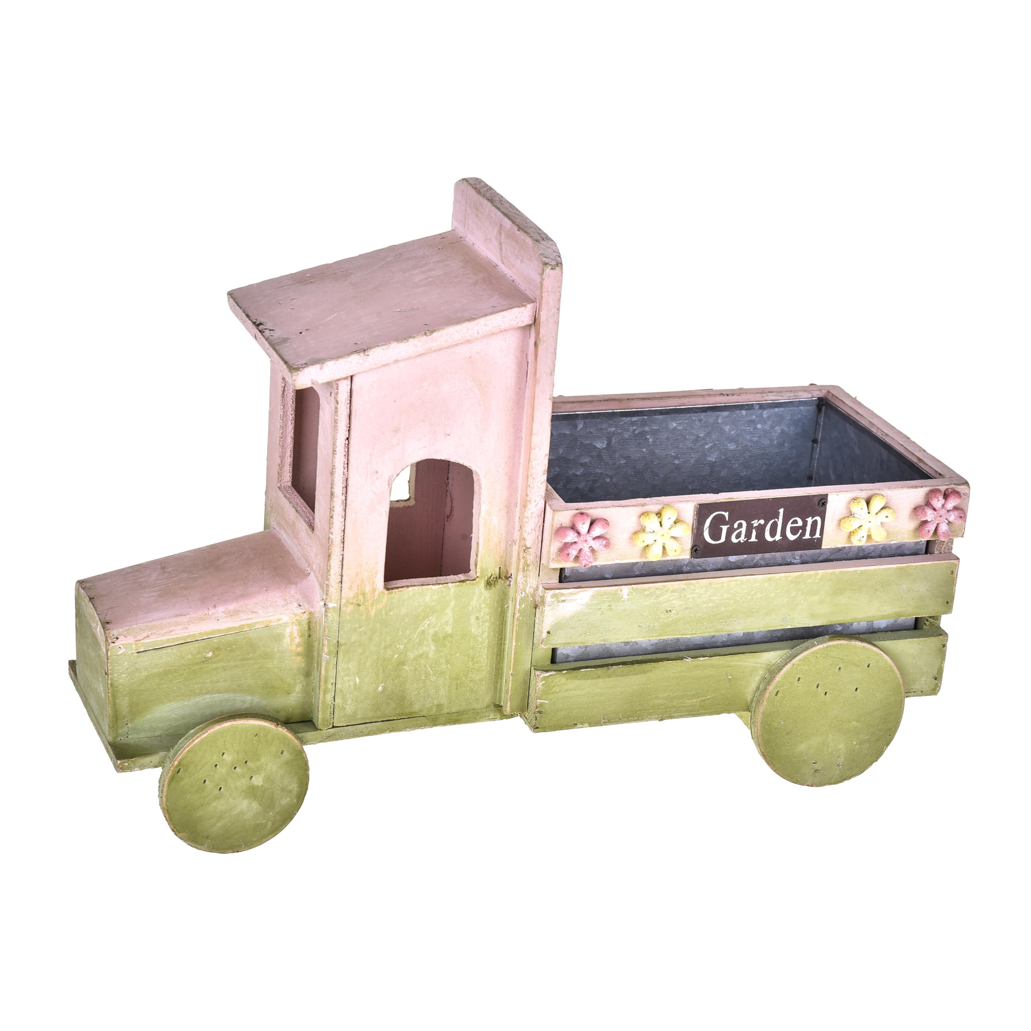 Camioncino In Legno Con Fiori. Larghezza 36 Cm - Pezzi 1 - 36X25X14cm - Colore: Rosa - Bianchi Dino - Decori Casa E Complementi