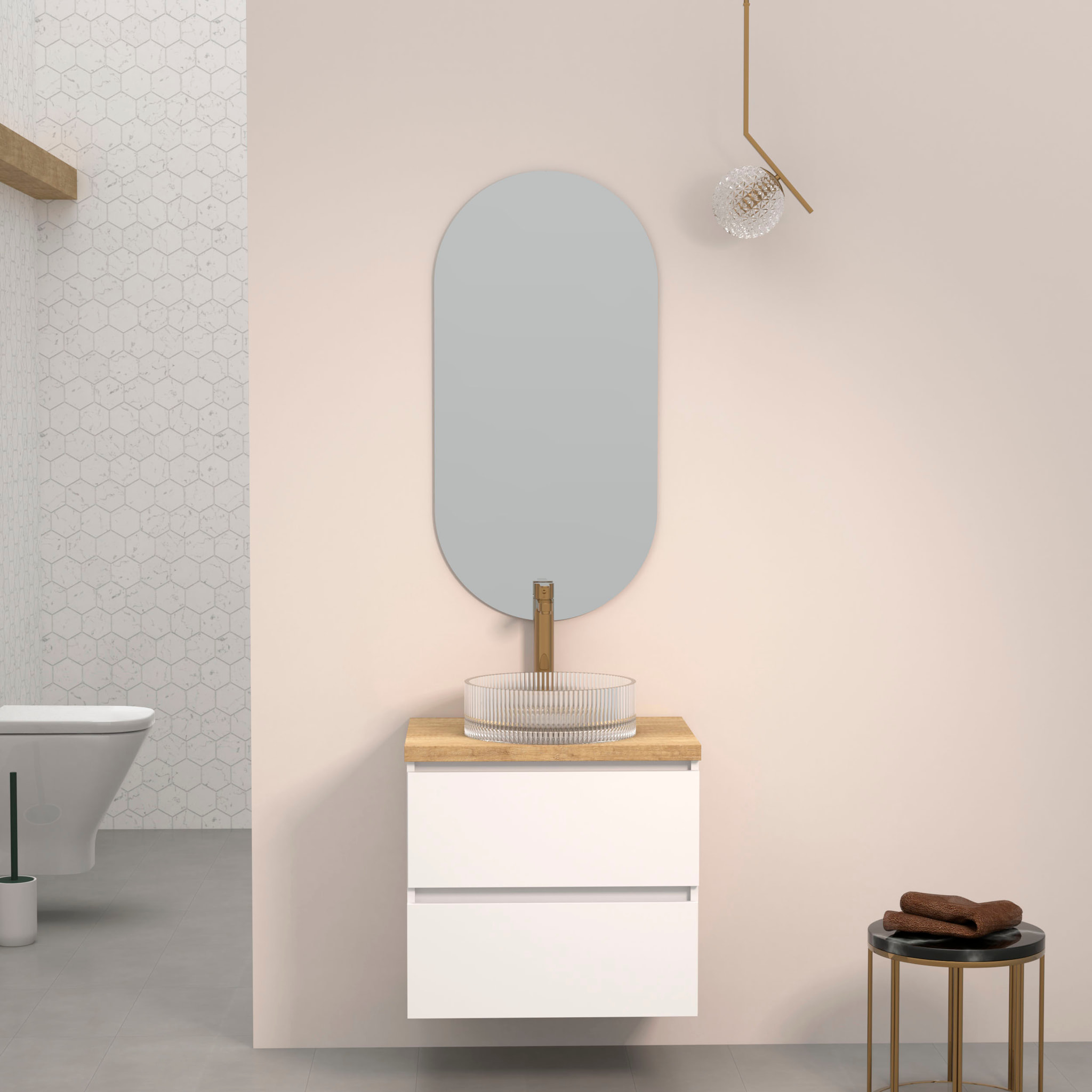 Conjunto de Baño Kub | 60 cm Blanco | Dos Cajones | Lavabo de Cristal | No incluye Espejo | Mueble Montado | Alday