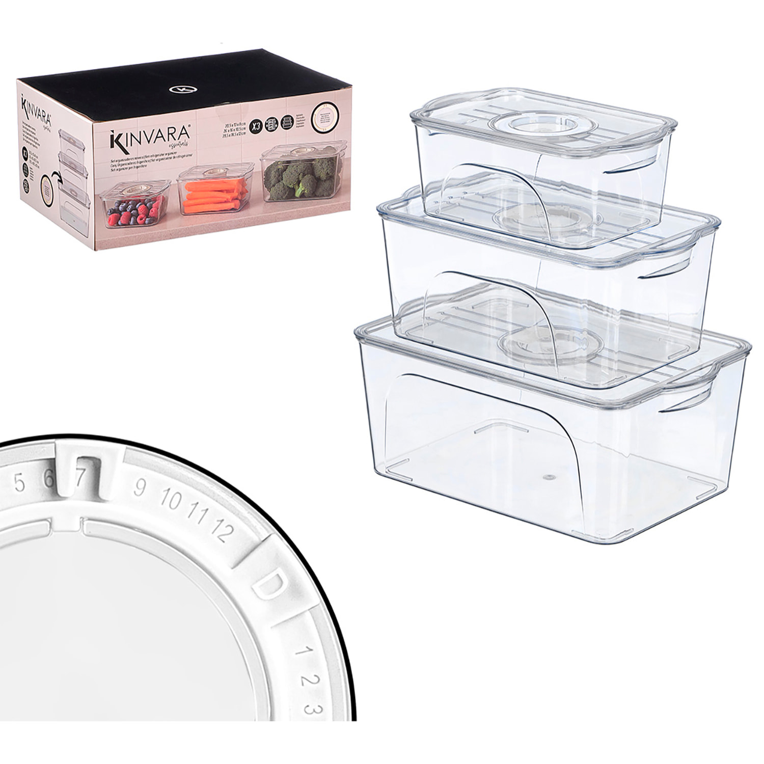 Set di 3 organizer trasparenti per frigorifero con coperchio e anello bianco con data.