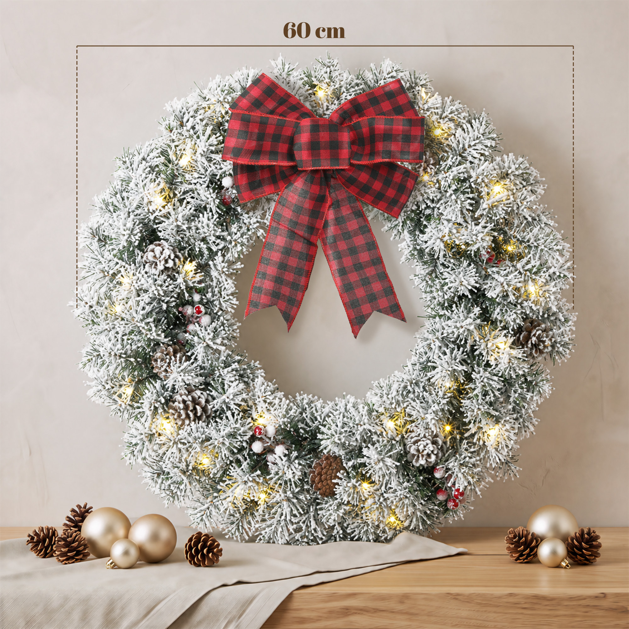 HOMCOM Corona de Navidad Puerta Efecto Nevado con 50 LED Luces, 8 Modos, Guirnalda de Navidad con Piñas, Bayas y Lazo Festivo, Corona Navideña Artificial, Decoración para Chimenea, Pared, Ventana