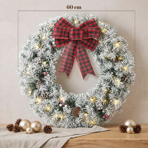 HOMCOM Corona de Navidad Puerta Efecto Nevado con 50 LED Luces, 8 Modos, Guirnalda de Navidad con Piñas, Bayas y Lazo Festivo, Corona Navideña Artificial, Decoración para Chimenea, Pared, Ventana