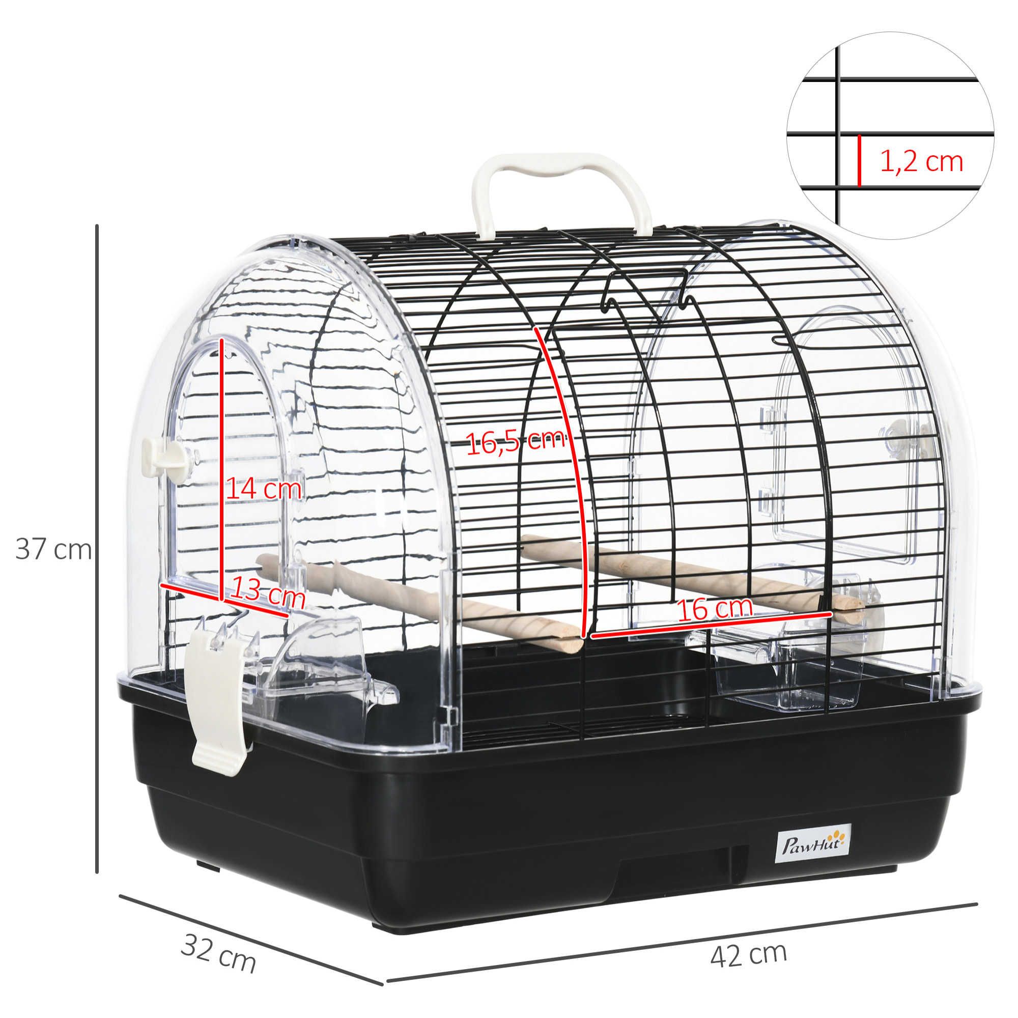 Cage à oiseaux portable 2 mangeoires 2 perchoirs 3 portes plateau excrément amovible poignée transport métal PS noir