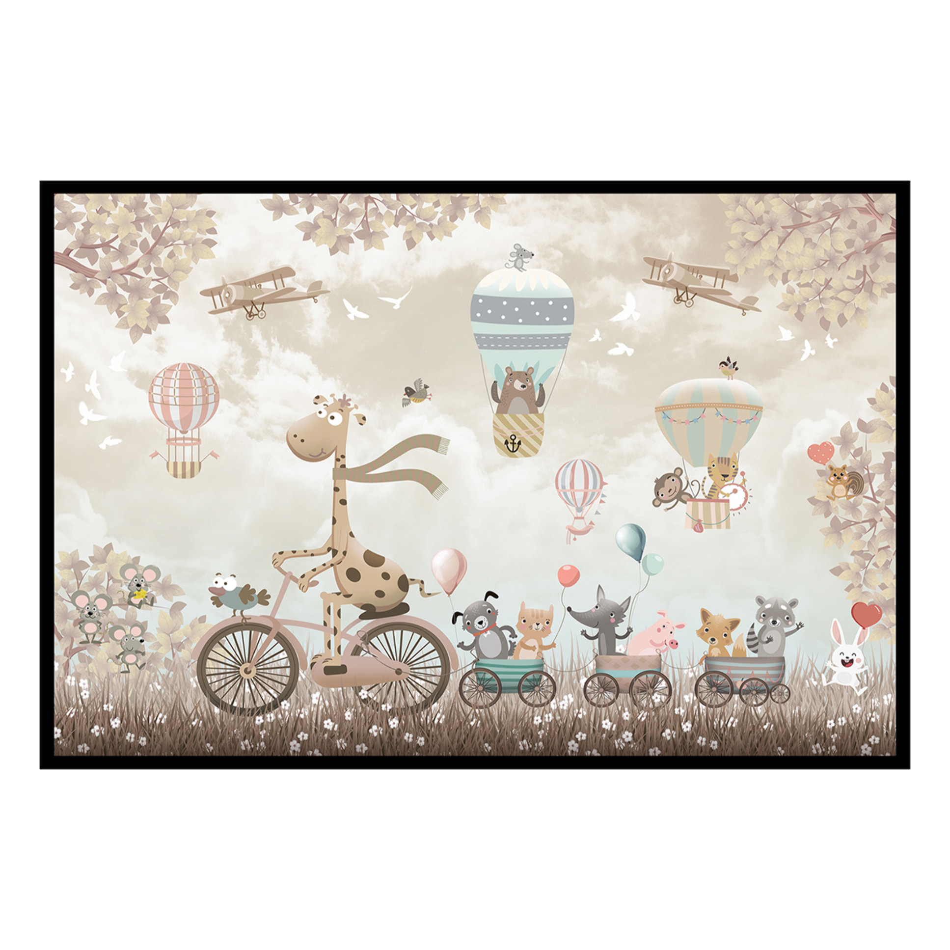 Affiche encadrée animaux montgolfière douce Affiche + cadre en métal - Noir