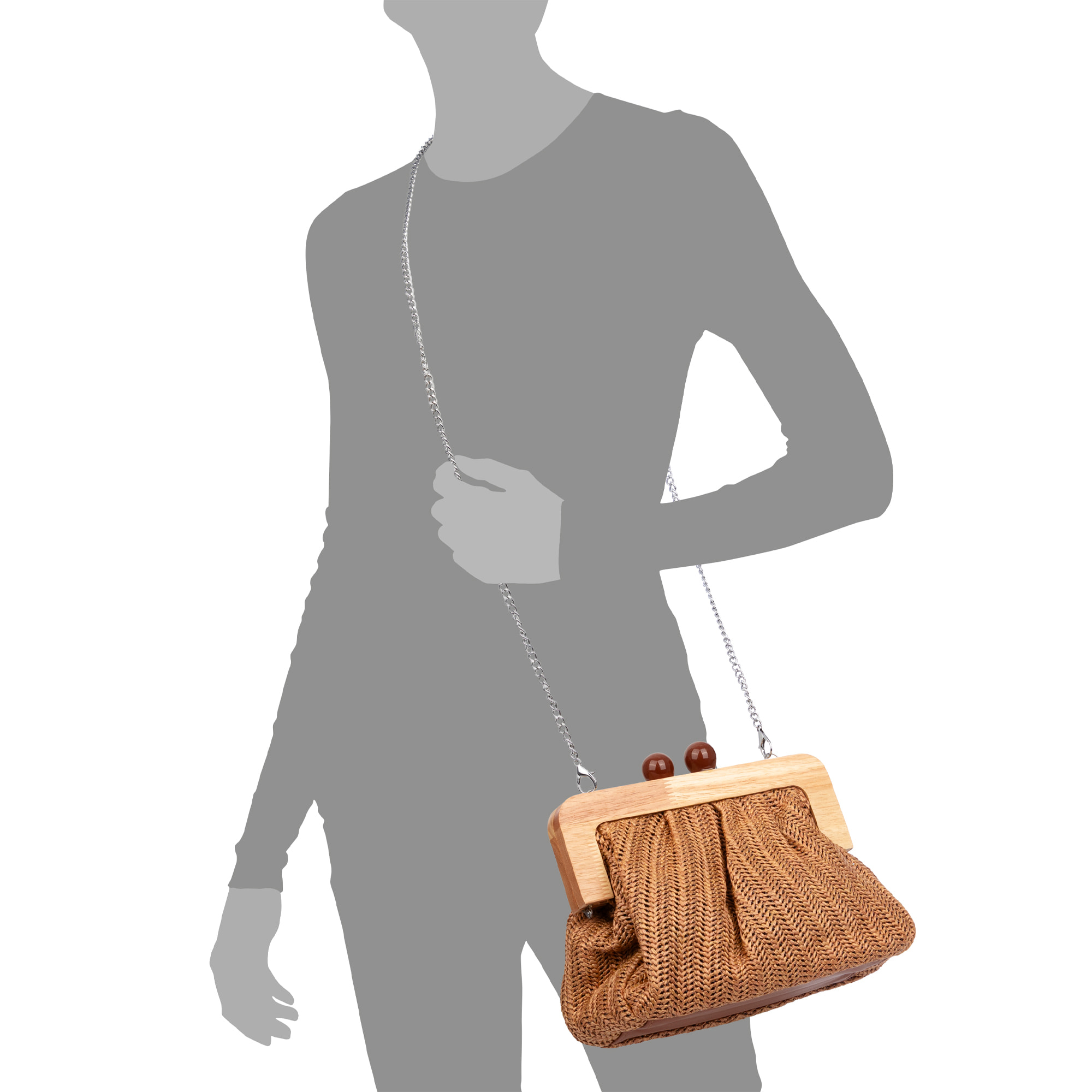 Benestare Bolso bandolera Mujer. Tela con detalles de madera natural y piel sintética.