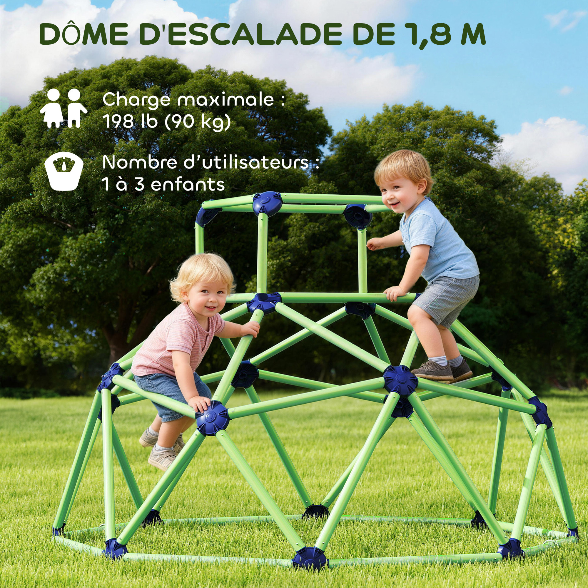 Dôme d'escalade enfant dia. 182 x 119H cm nombreuses prises max. 90 Kg plastique violet vert