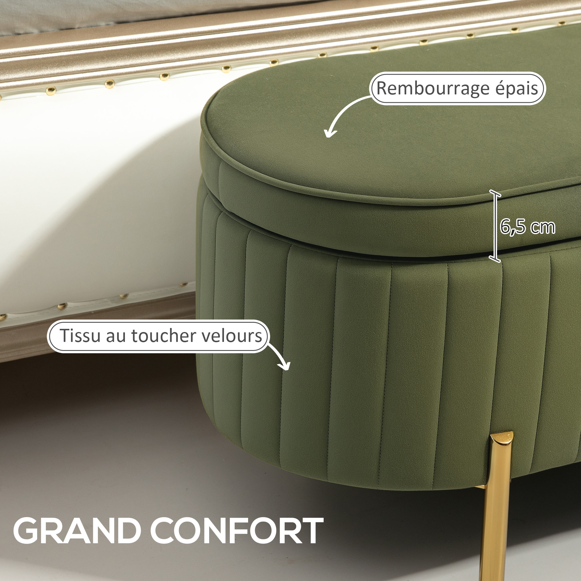 Banquette coffre 2 en 1 design ovale dim. 108x44x43cm velours kaki